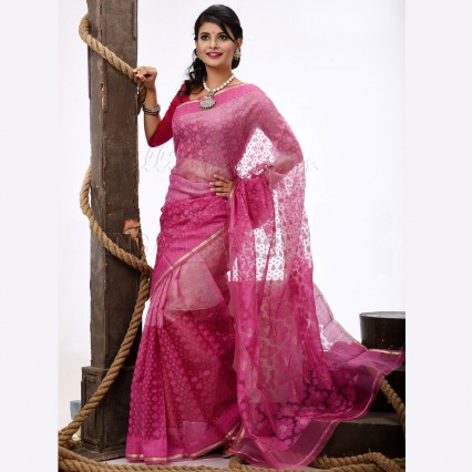 Traditional soft muslin half silk Sharee with ethnic Jamdani design on it from Tangail Traditional soft muslin half silk Sharee with ethnic Jamdani design on it from Tangail